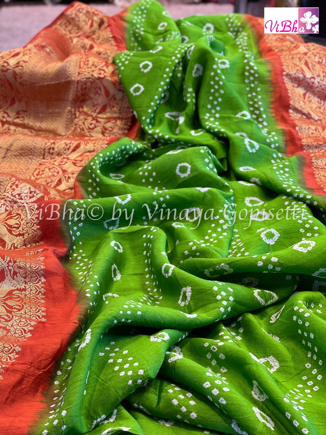 Bandhni Saree - Parrot Green & Orange Kanchi Bandhini Saree