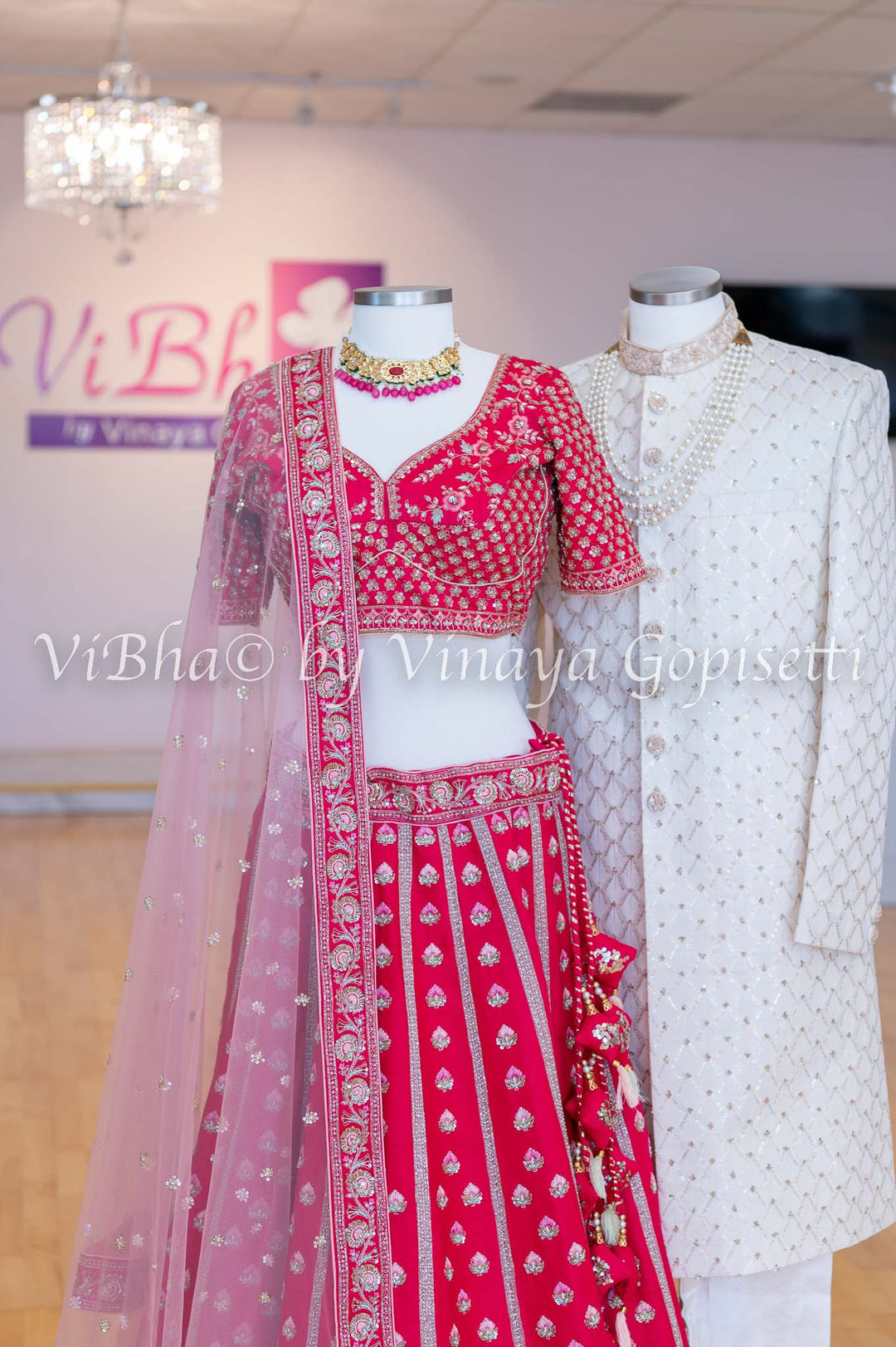 Bridal - Hand Embroidered Dark Pink Lehenga & Ivory Sherwani Set