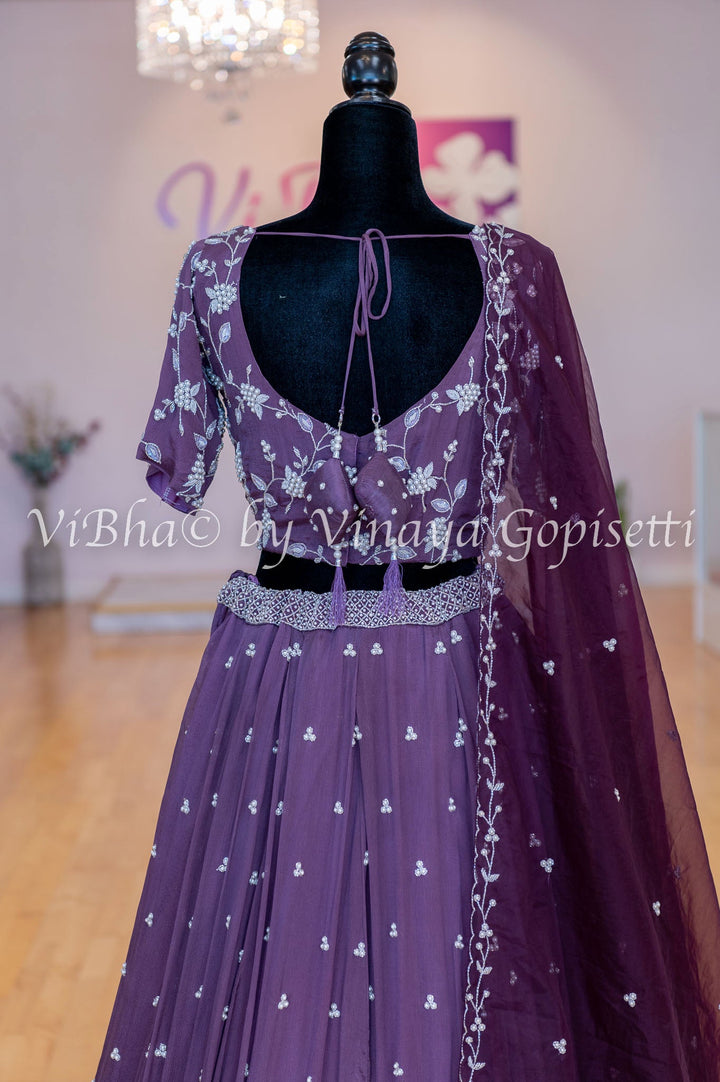 Bridal Lehengas - Dark Mauve And Burgundy Pearl Embroidery Lehenga Set