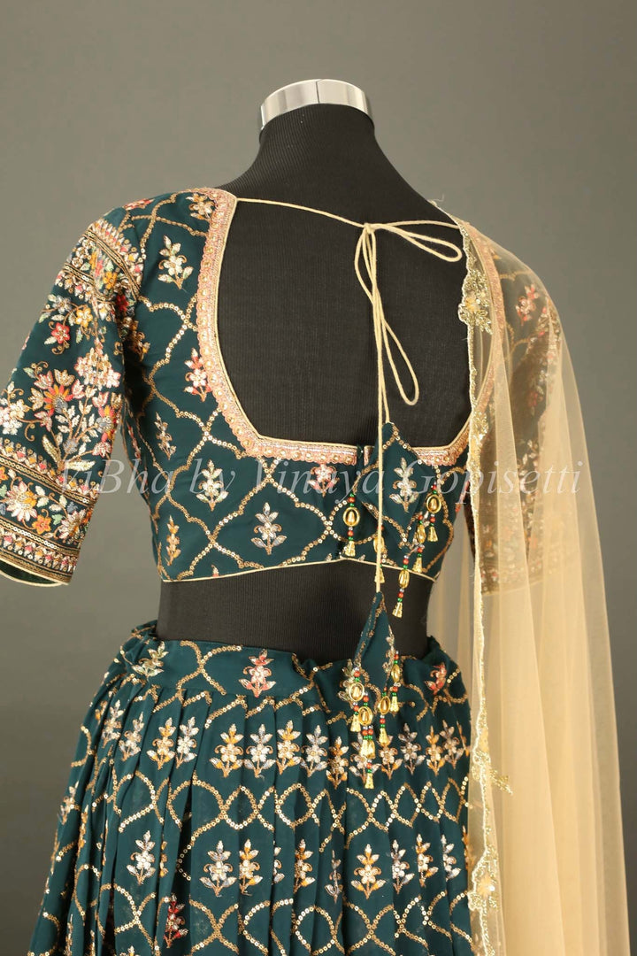 Bridal Lehengas - Pine Green And Gold All Over Embroidered Lehenga Set