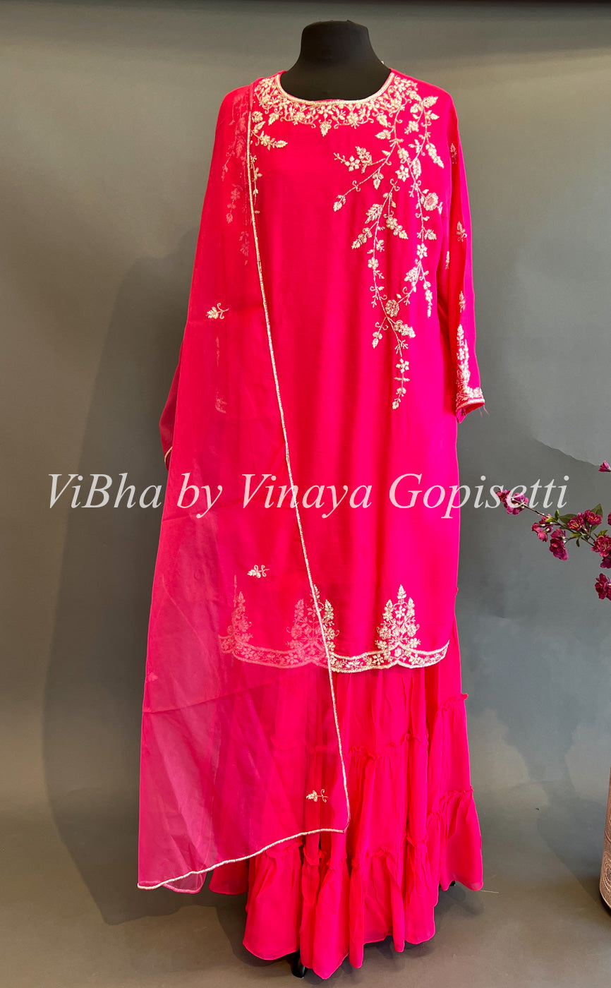 Designer Suits - Rani Pink Embroidered Sharara Set