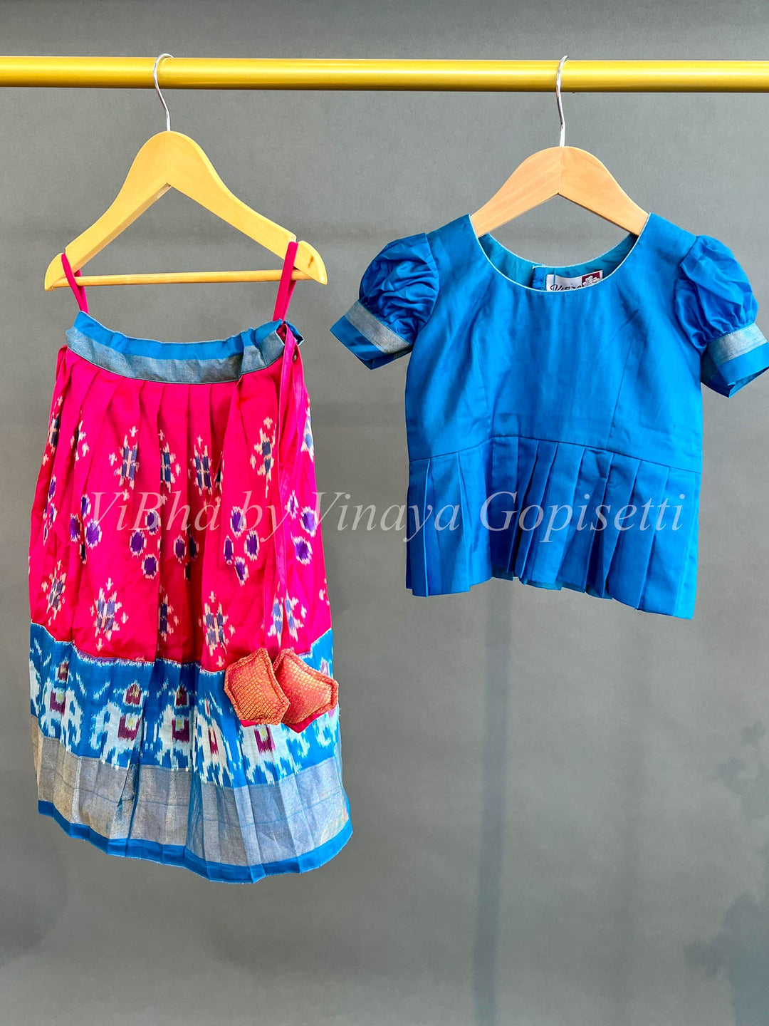 Kids Wear - Pink And Blue Ikkat Silk Skirt And Top