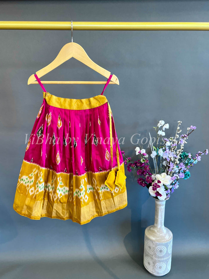 Kids Wear - Rani Pink And Mustard Yellow Ikkat Silk Skirt And Top