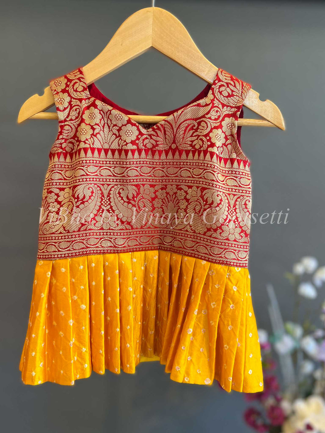Kids Wear - Red And Yellow Kanchi Bandhani Skirt And Top