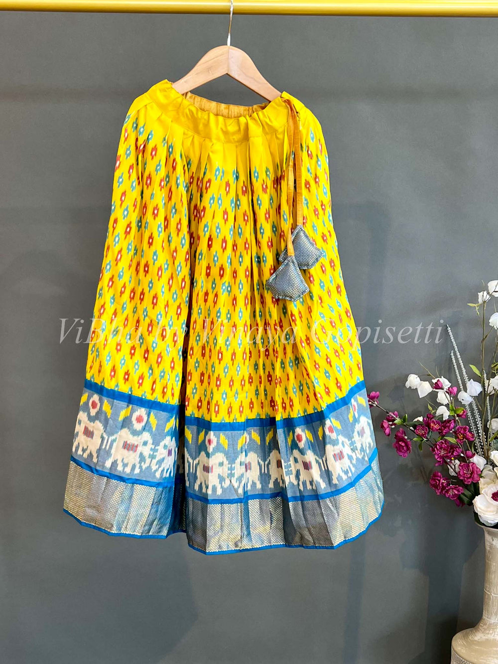 Kids Wear - Yellow And Azure Blue Ikkat Silk Skirt And Top