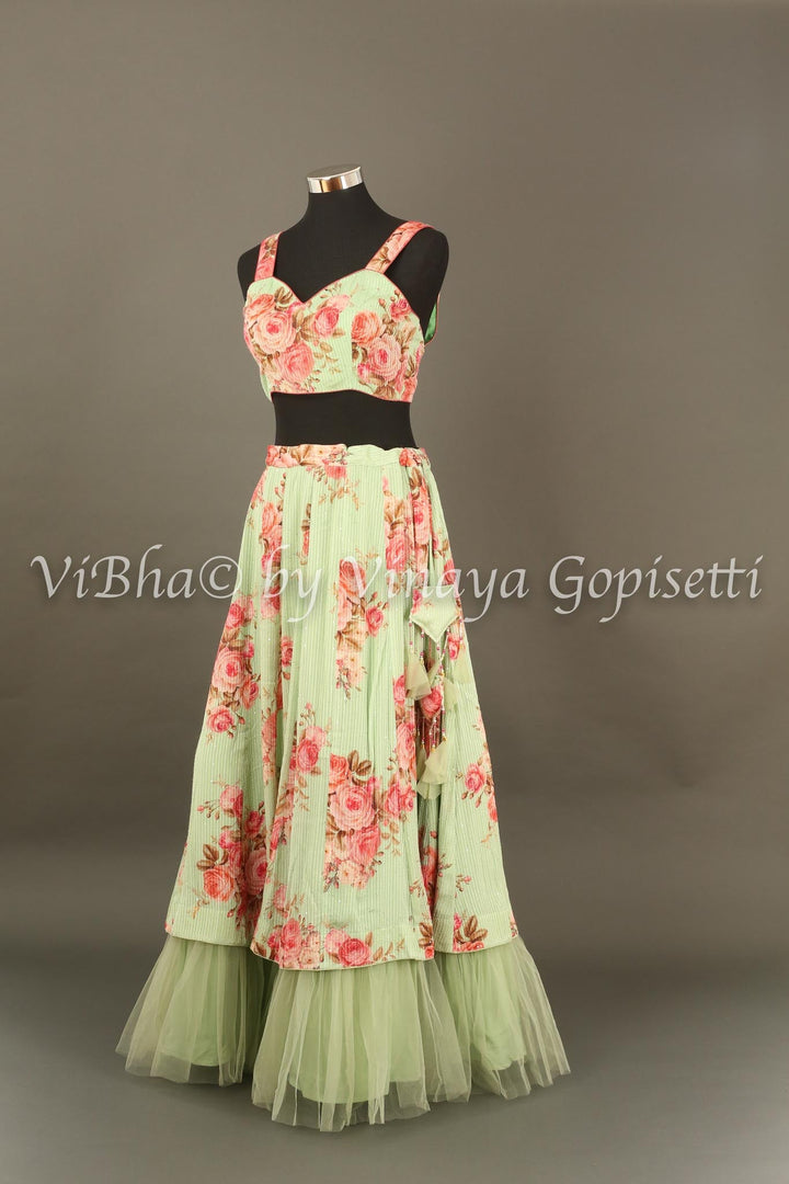 Lehengas - Mint Green Floral Shimmery Georgette Skirt Croptop