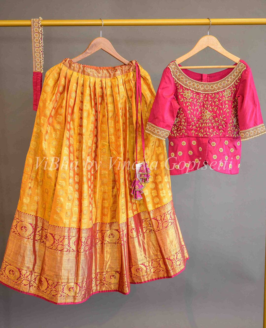 Lehengas - Mustard Yellow & Rani Pink Kanchi Silk Lehenga With Long Blouse And Waist Belt