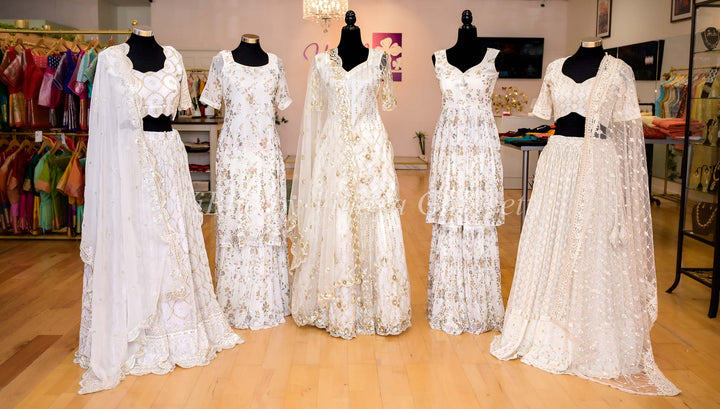 Lehengas - White Georgette Lehenga Set With Resham Zari And Crystal Embroidery