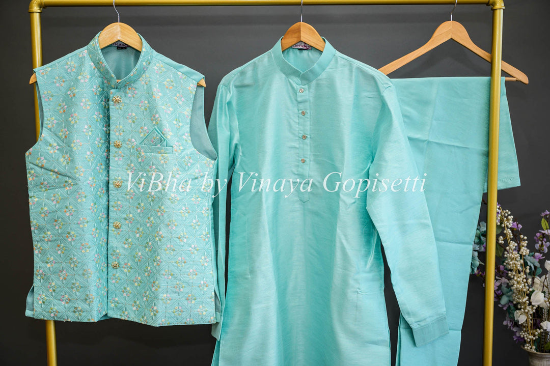 Men's Wear - Aqua Color Kurta And Bottom With Thread Embroidered Vest