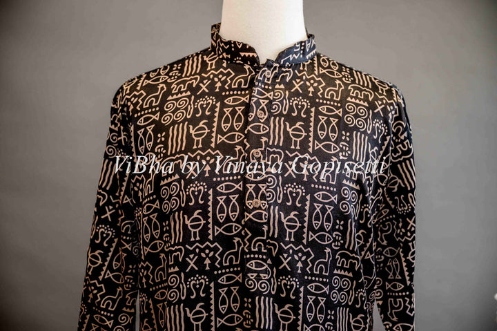 Men's Wear - Black Modal Silk WarlI Print Kurta