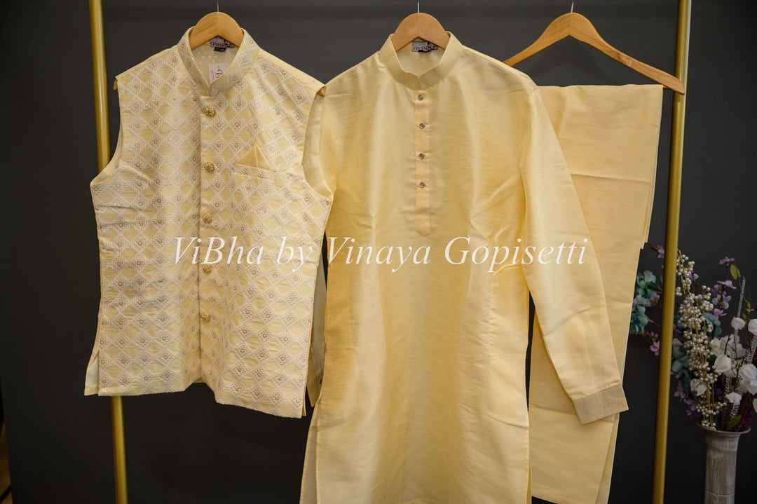 Men's Wear - Custard Yellow Kurta With Bottom And Embroidered Vest