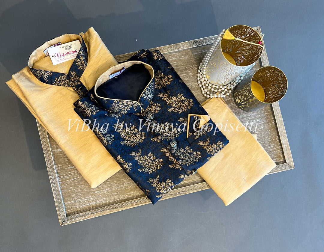 Men's Wear - Gold Kurta And Bottom With Navy Blue Printed Vest
