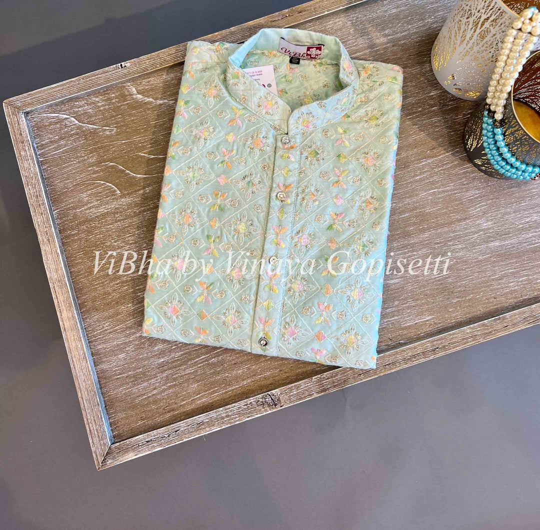Men's Wear - Pastel Blue Floral Thread Embroidered Kurta With Bottom