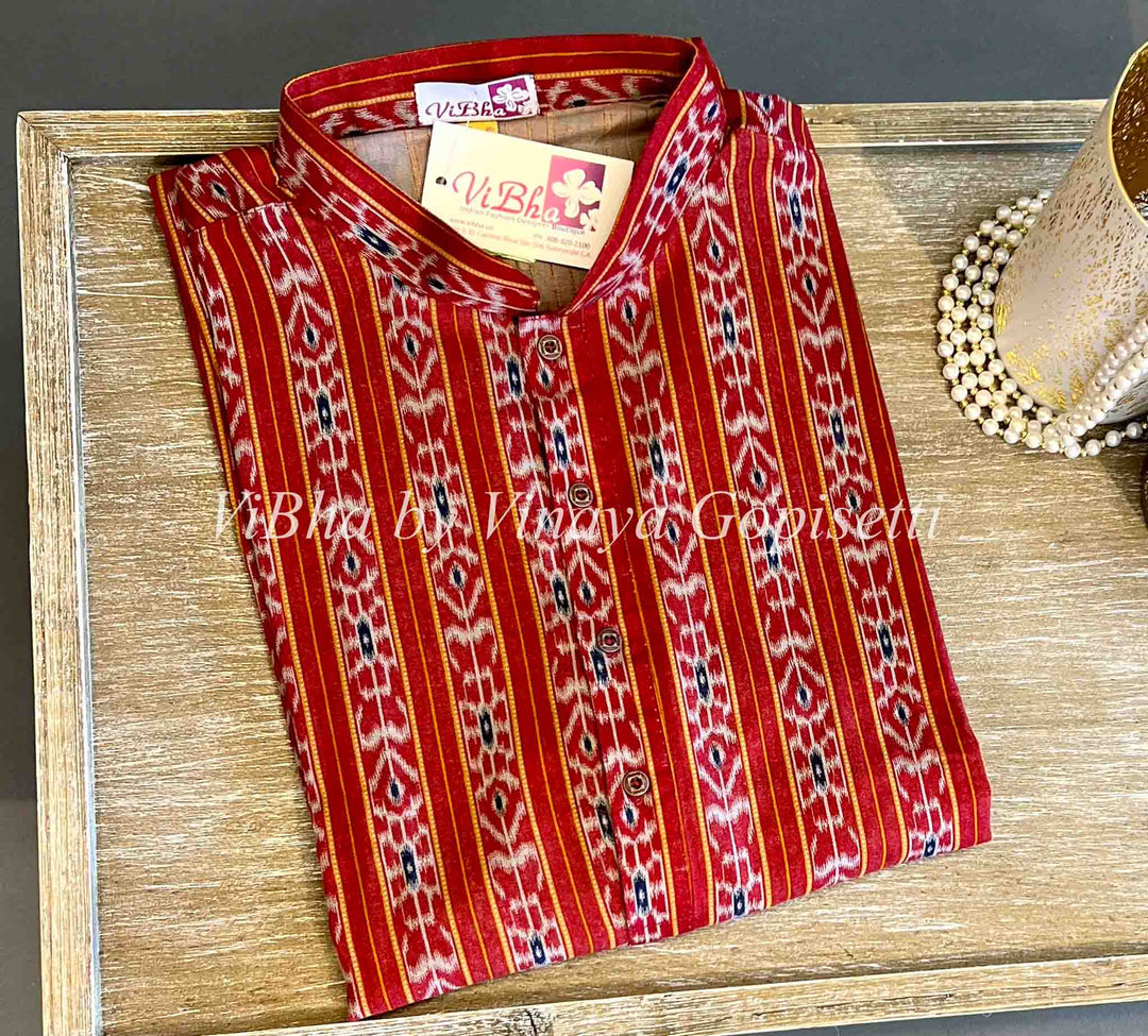 Men's Wear - Red Ikkat Handloom Cotton Kurta