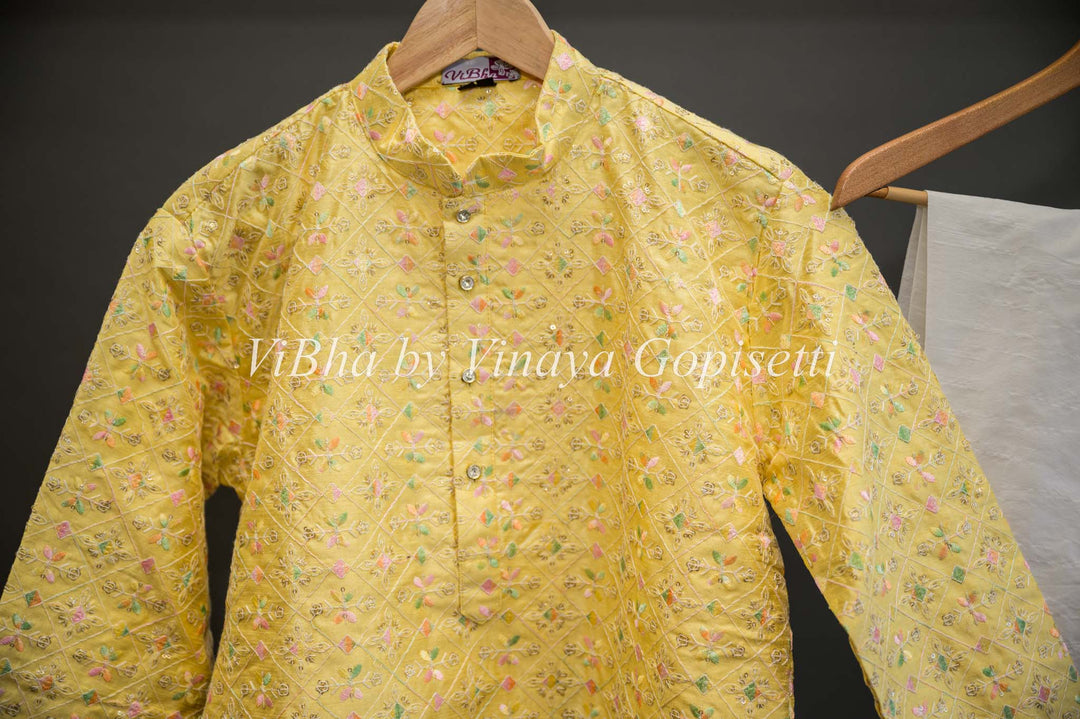 Men's Wear - Yellow Floral Thread Embroidered Kurta With Bottom