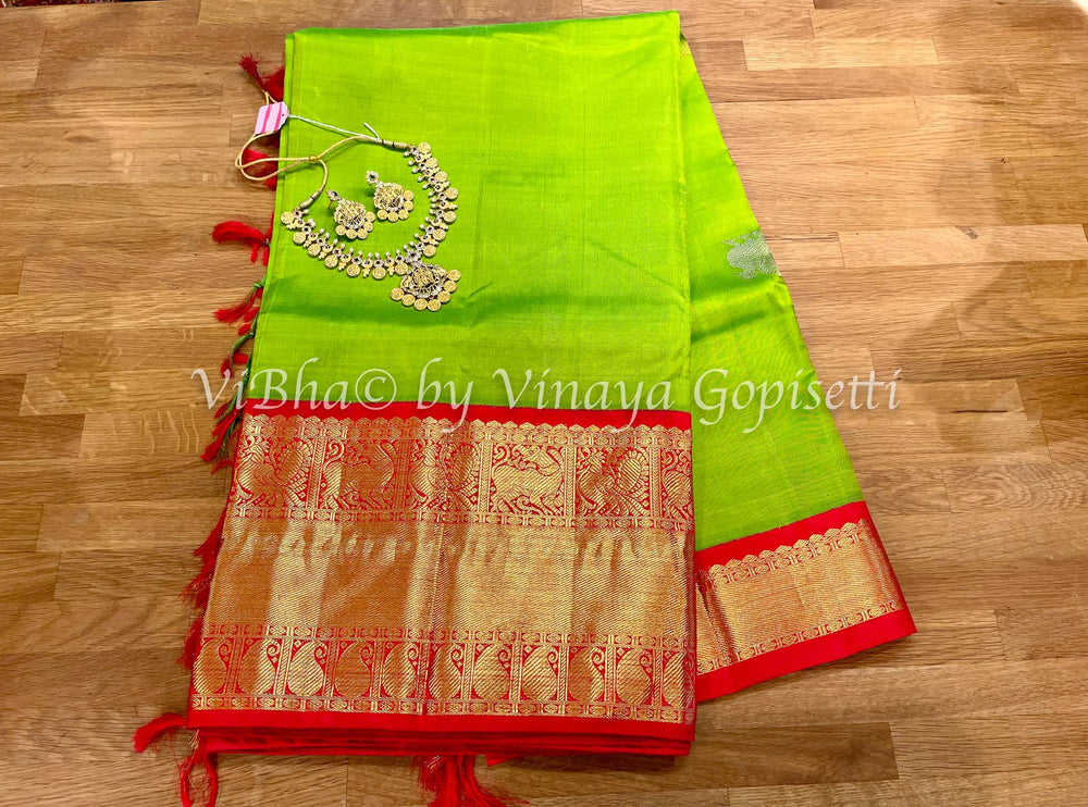 Sarees - Parrot Green And Red Kanchipattu Saree