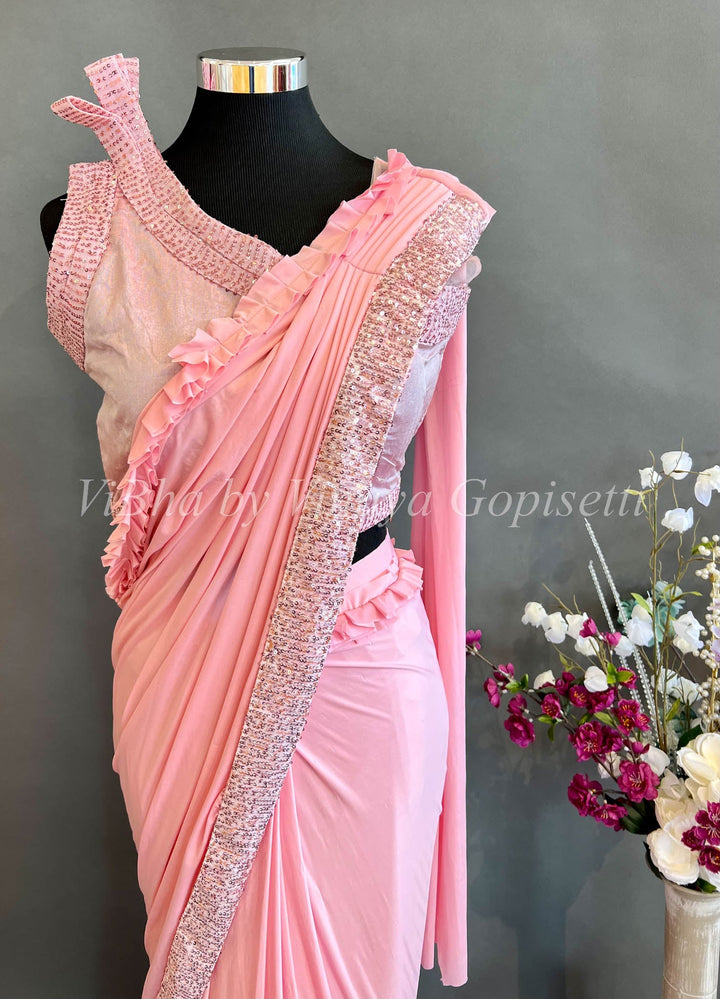 Sarees - Pastel Pink Shoulder High Sleeve Pre Pleated Saree