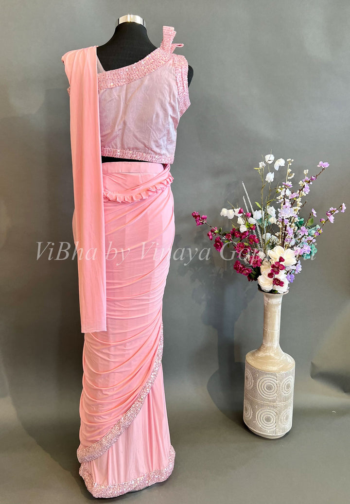 Sarees - Pastel Pink Shoulder High Sleeve Pre Pleated Saree