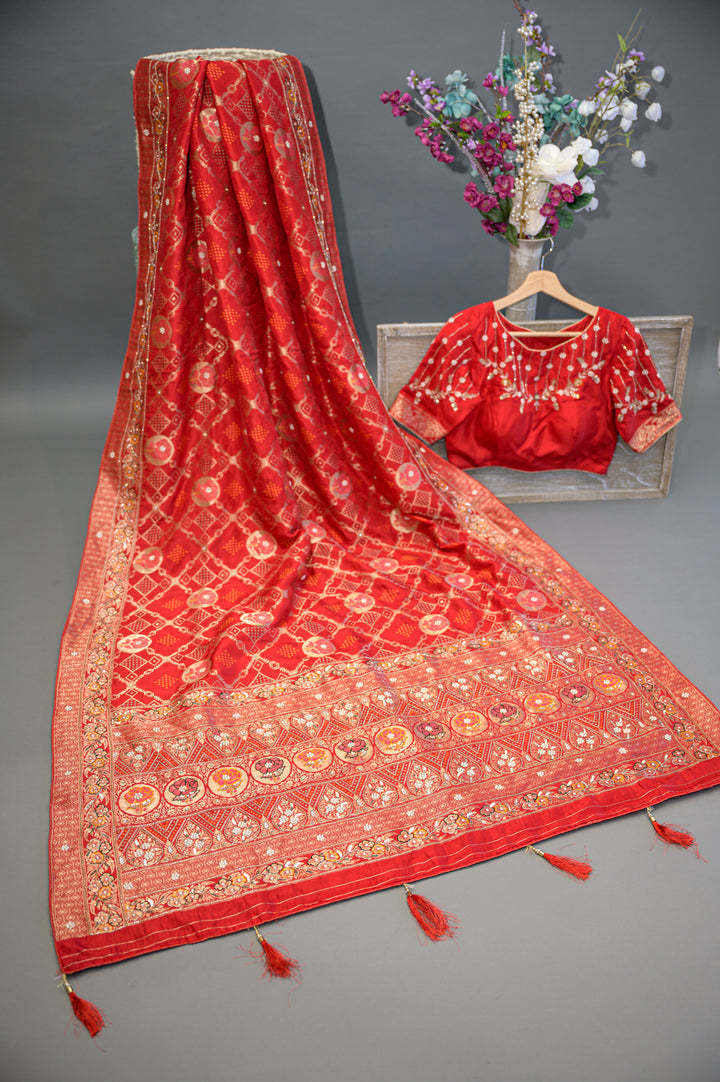 Red Embroidered Saree With Blouse