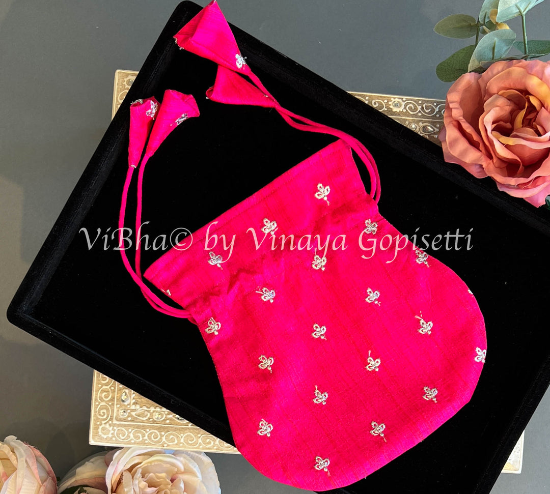 Dark Pink Embroidered Motifs Potli Bag