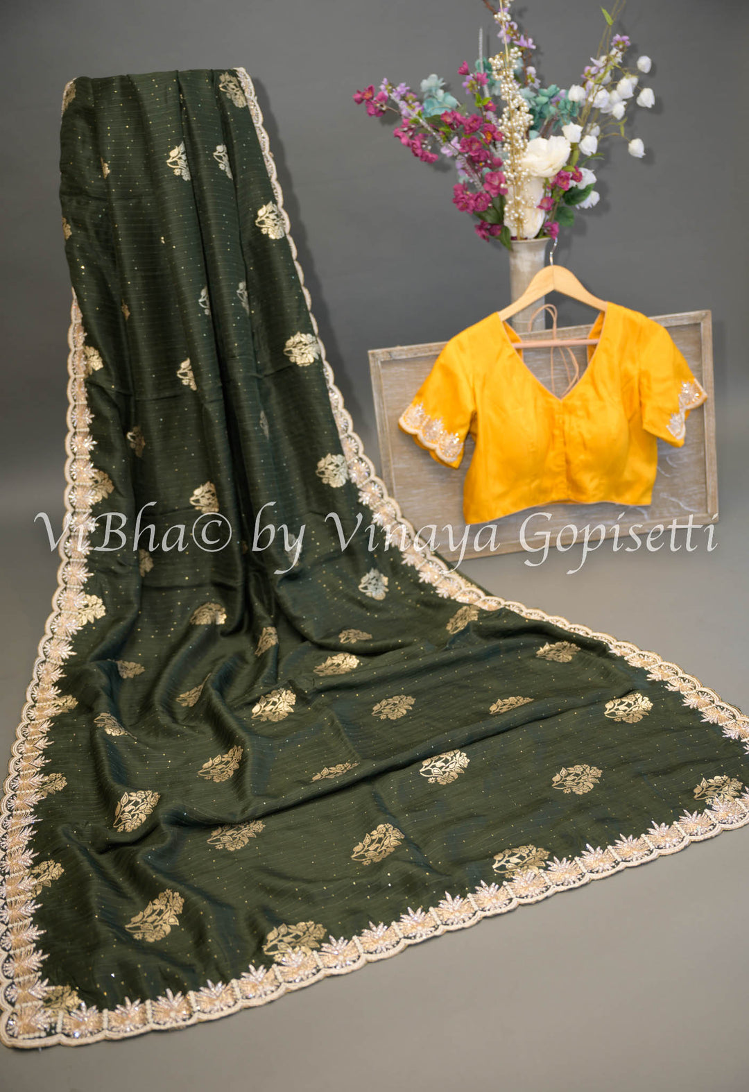 Green And Yellow Embroidered Silk Saree and Blouse