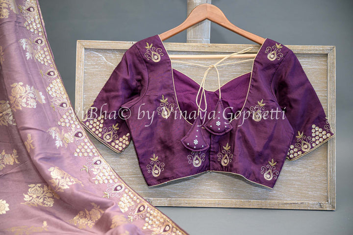 Dark Mauve and Wine Embroidered Silk Saree and Blouse
