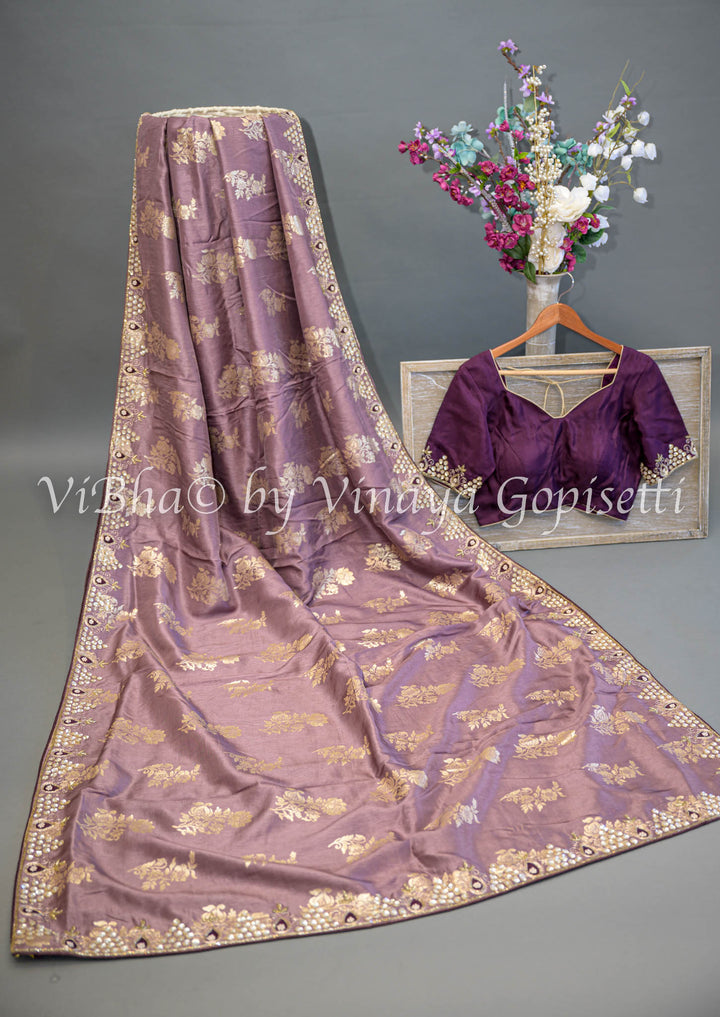 Dark Mauve and Wine Embroidered Silk Saree and Blouse