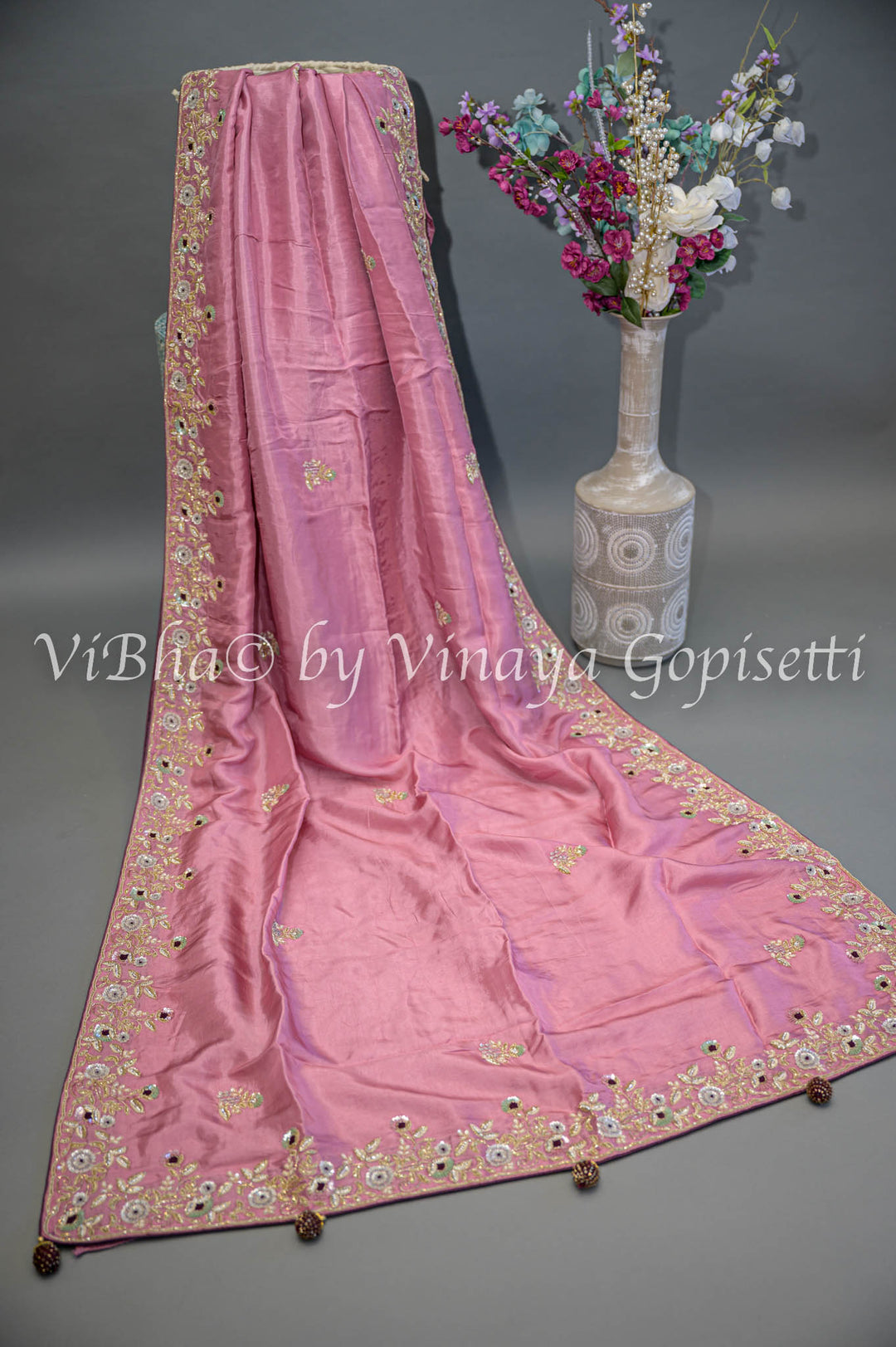 Pink And Wine Embroidered Silk Saree And Blouse