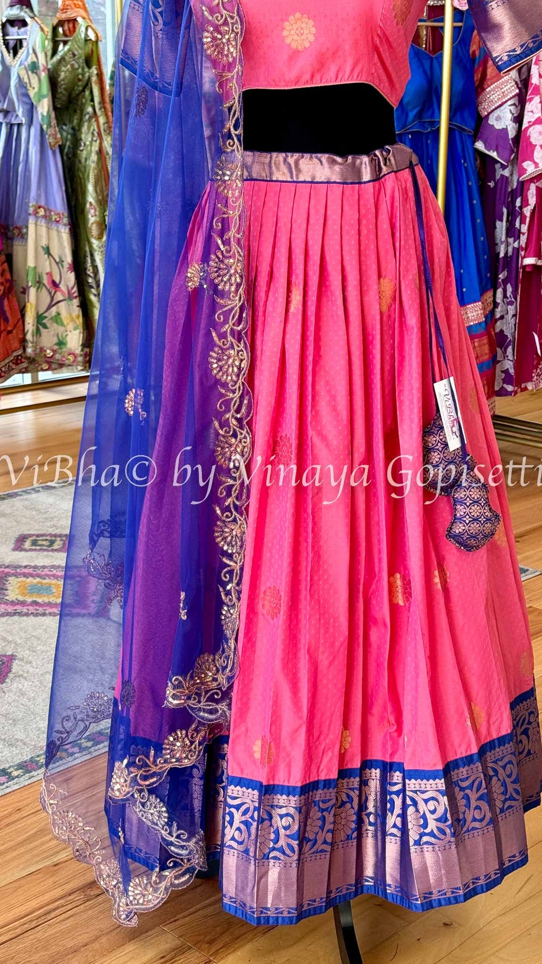 Coral Kanchi Soft Silk Lehenga And Blouse With Blue Embroidered Dupatta