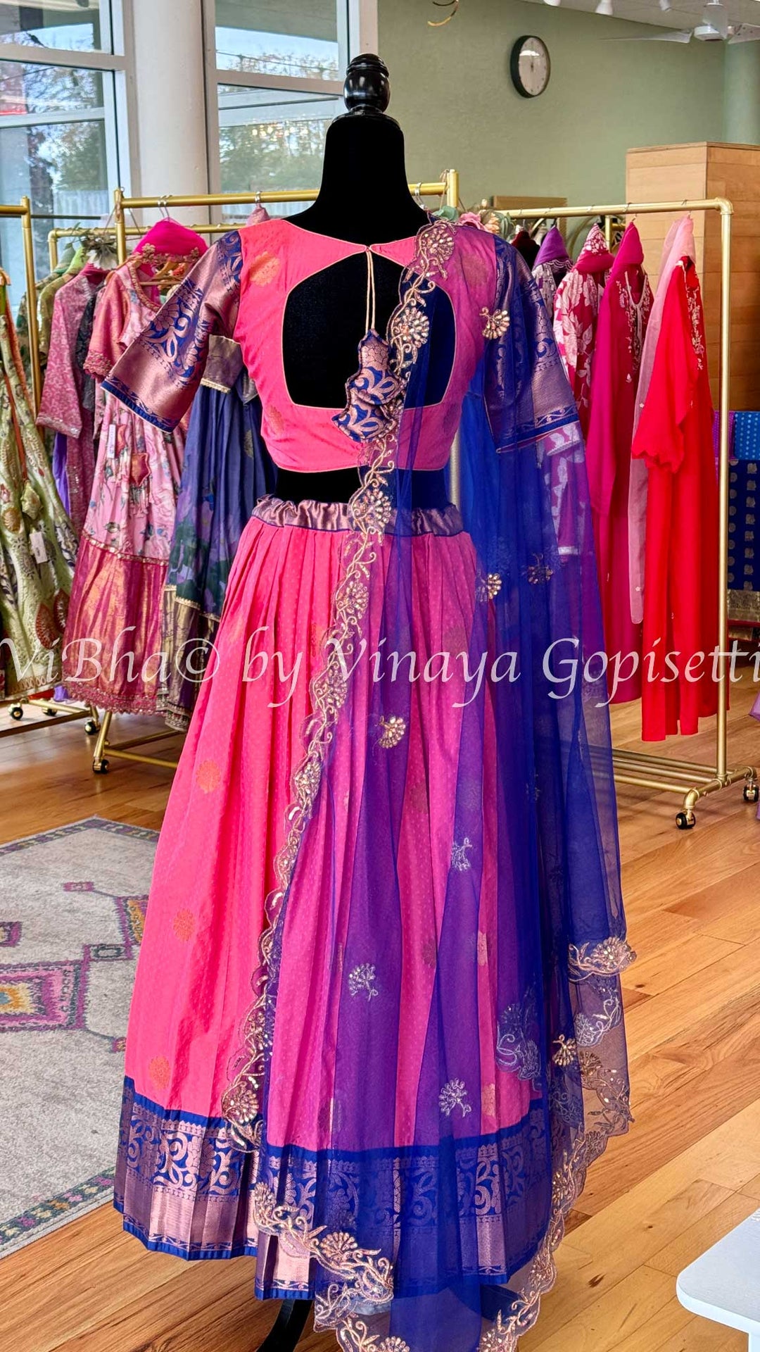 Coral Kanchi Soft Silk Lehenga And Blouse With Blue Embroidered Dupatta