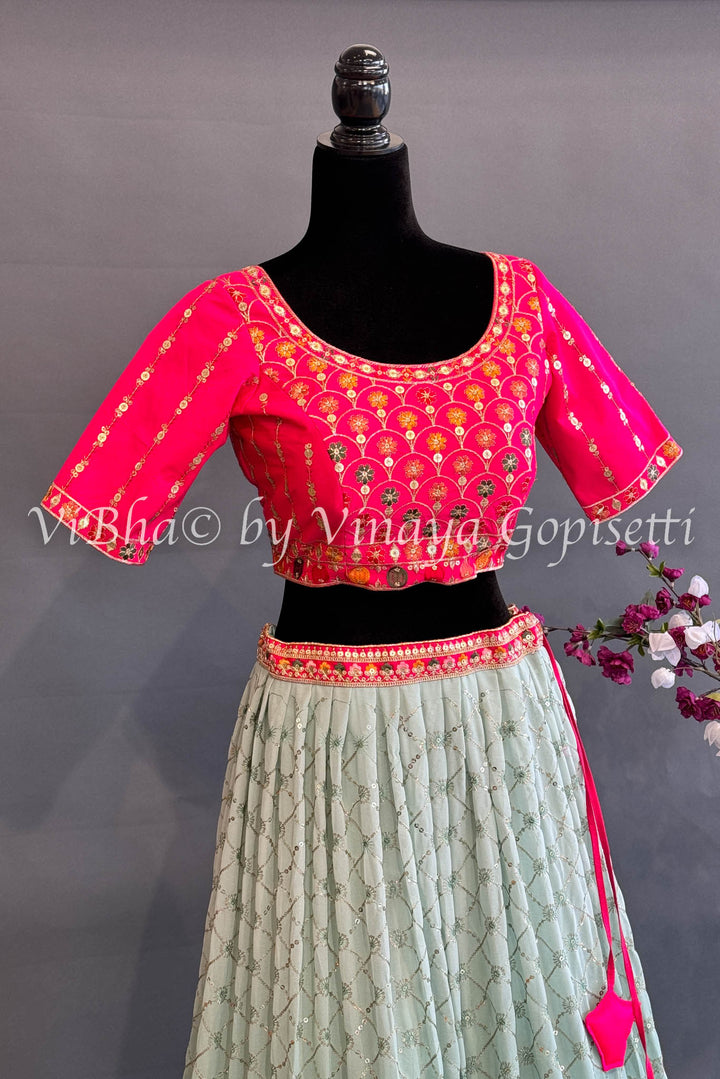 Mint And Hot Pink Embroidered Lehenga Set