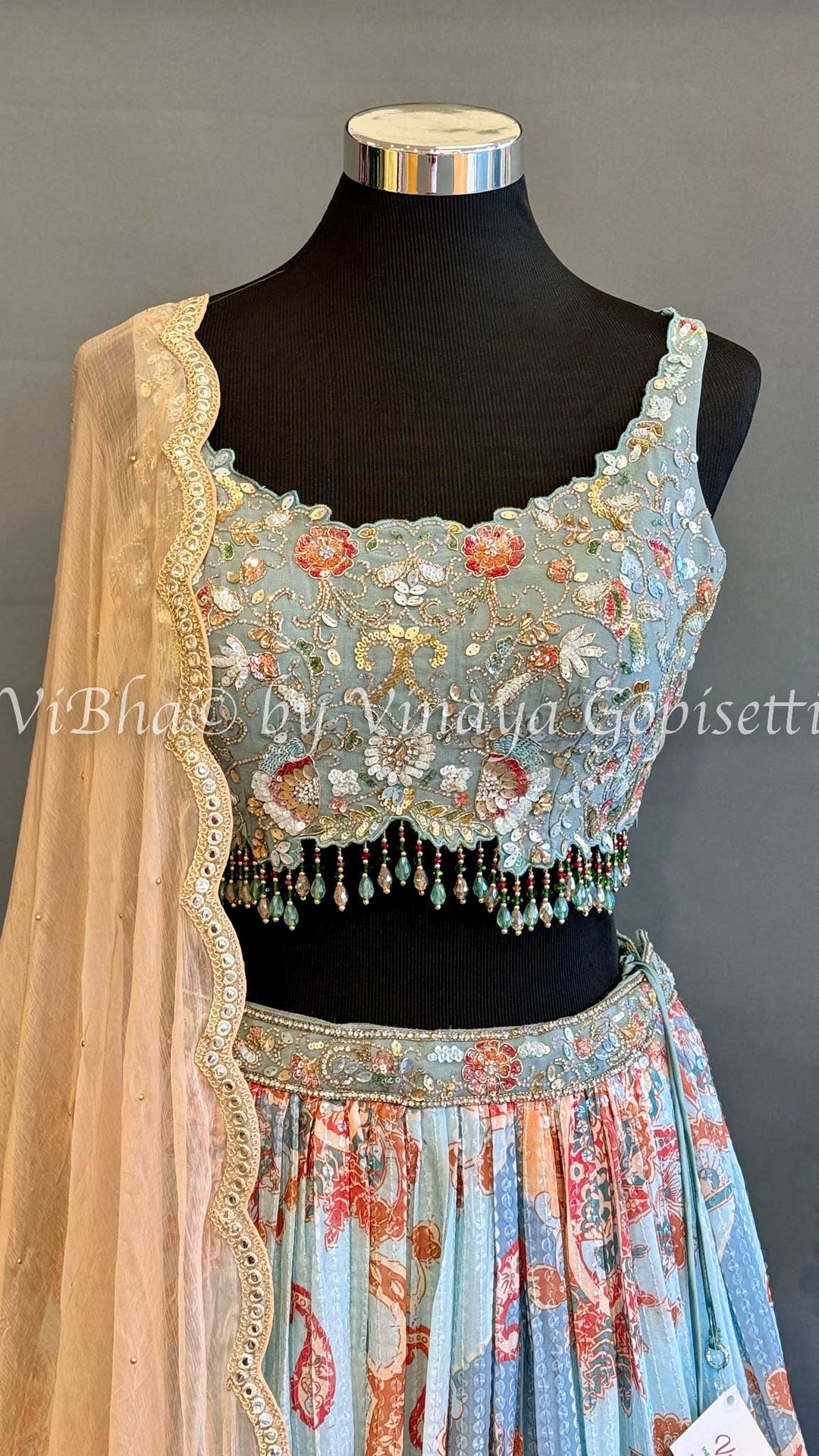 Light Blue And Peach Lehenga With Embroidered Blouse And Dupatta