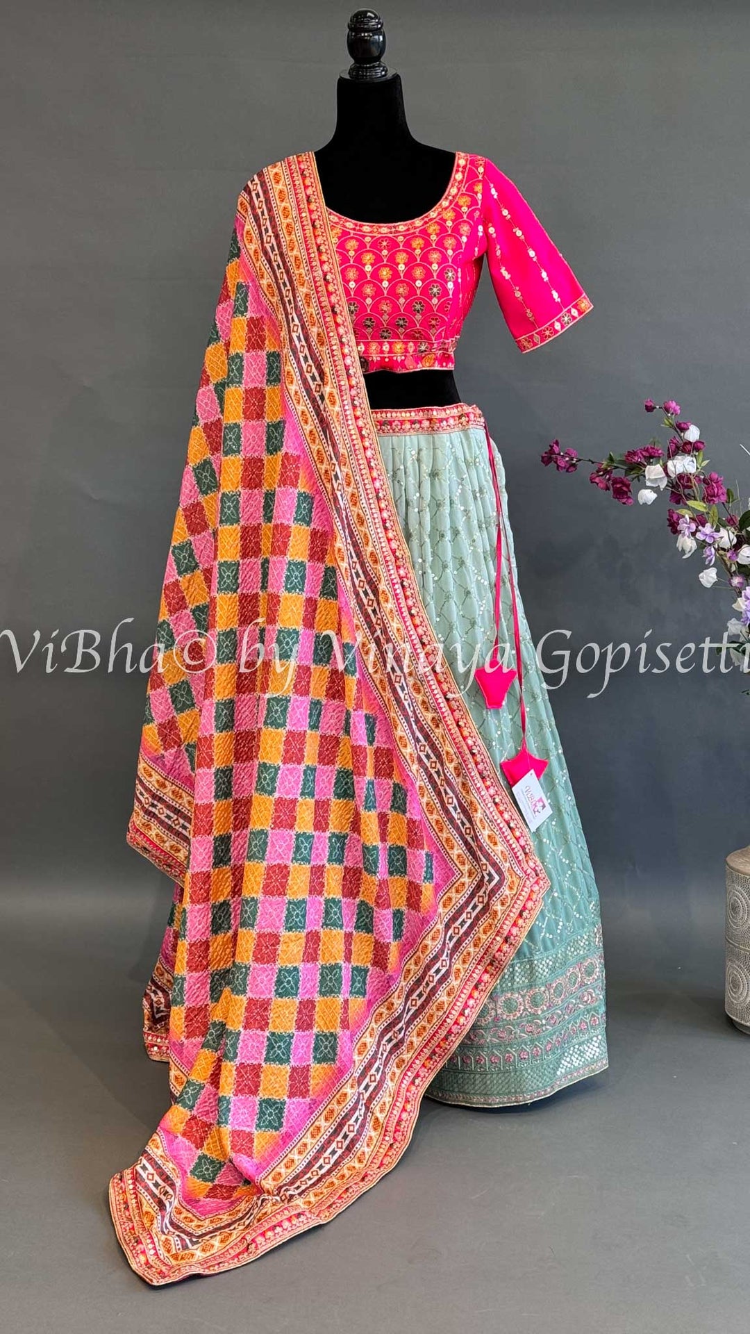 Mint And Hot Pink Embroidered Lehenga Set