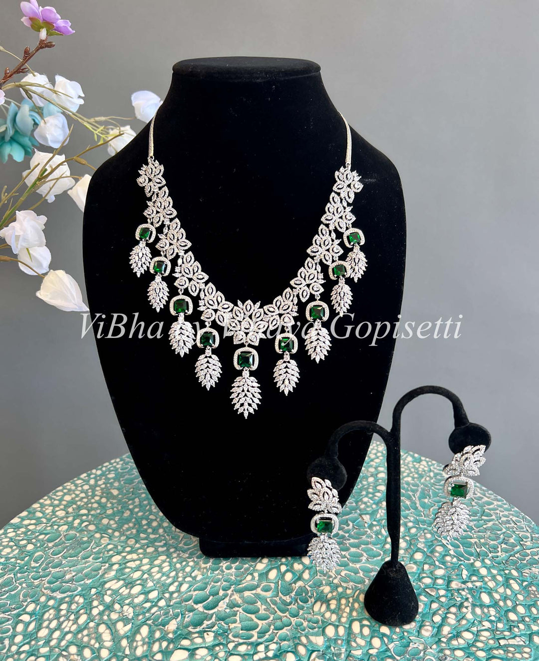 Flower and Leaf Pattern AD and Emerald Set