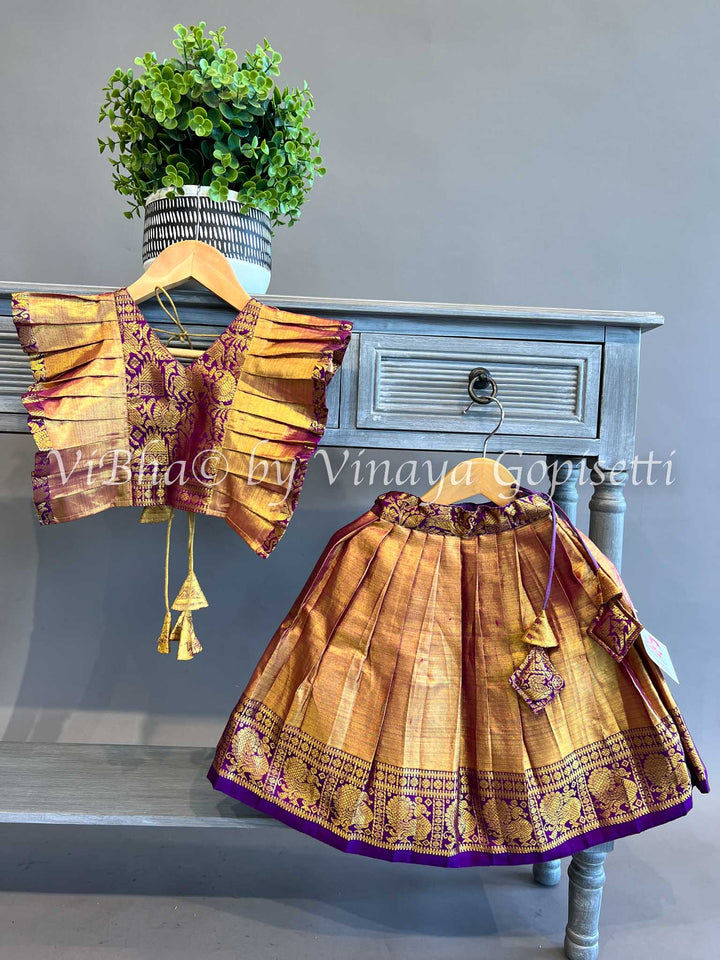Gold Tissue and purple Kanchi Silk Skirt and Top
