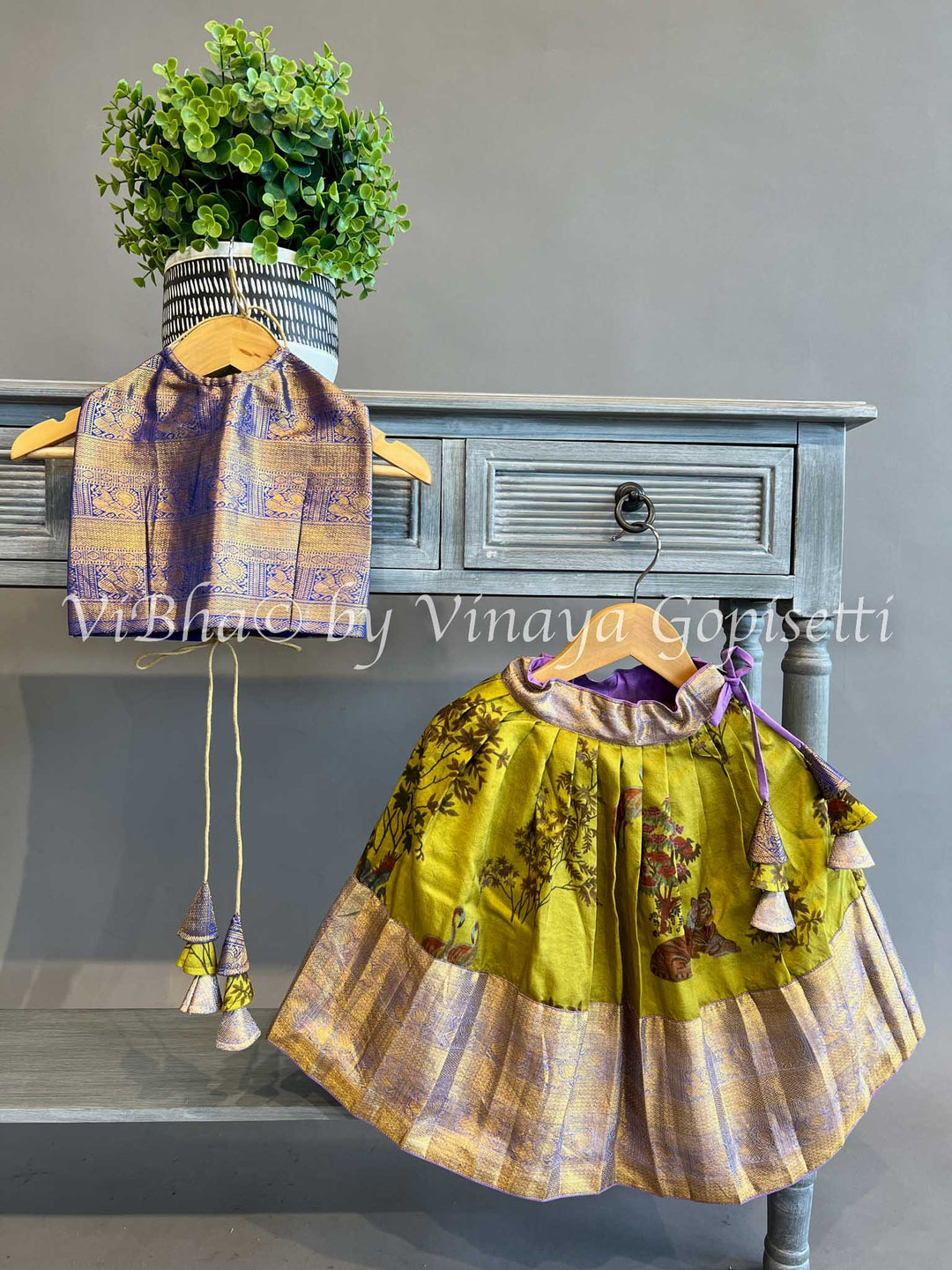Mehendi Green and Purple Kanchi Silk Skirt with Halter neck Top