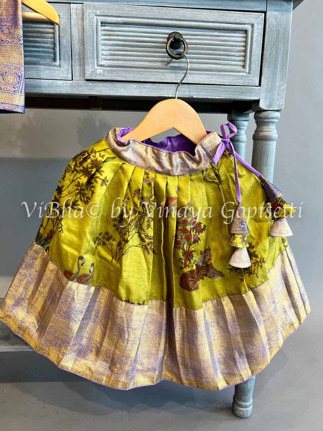 Mehendi Green and Purple Kanchi Silk Skirt with Halter neck Top