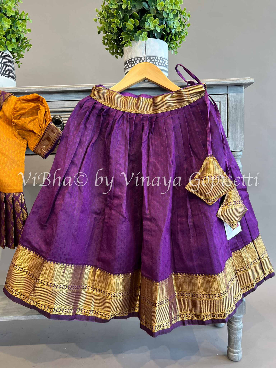 Dark Purple And Mustard Yellow Kanchi Skirt and Top