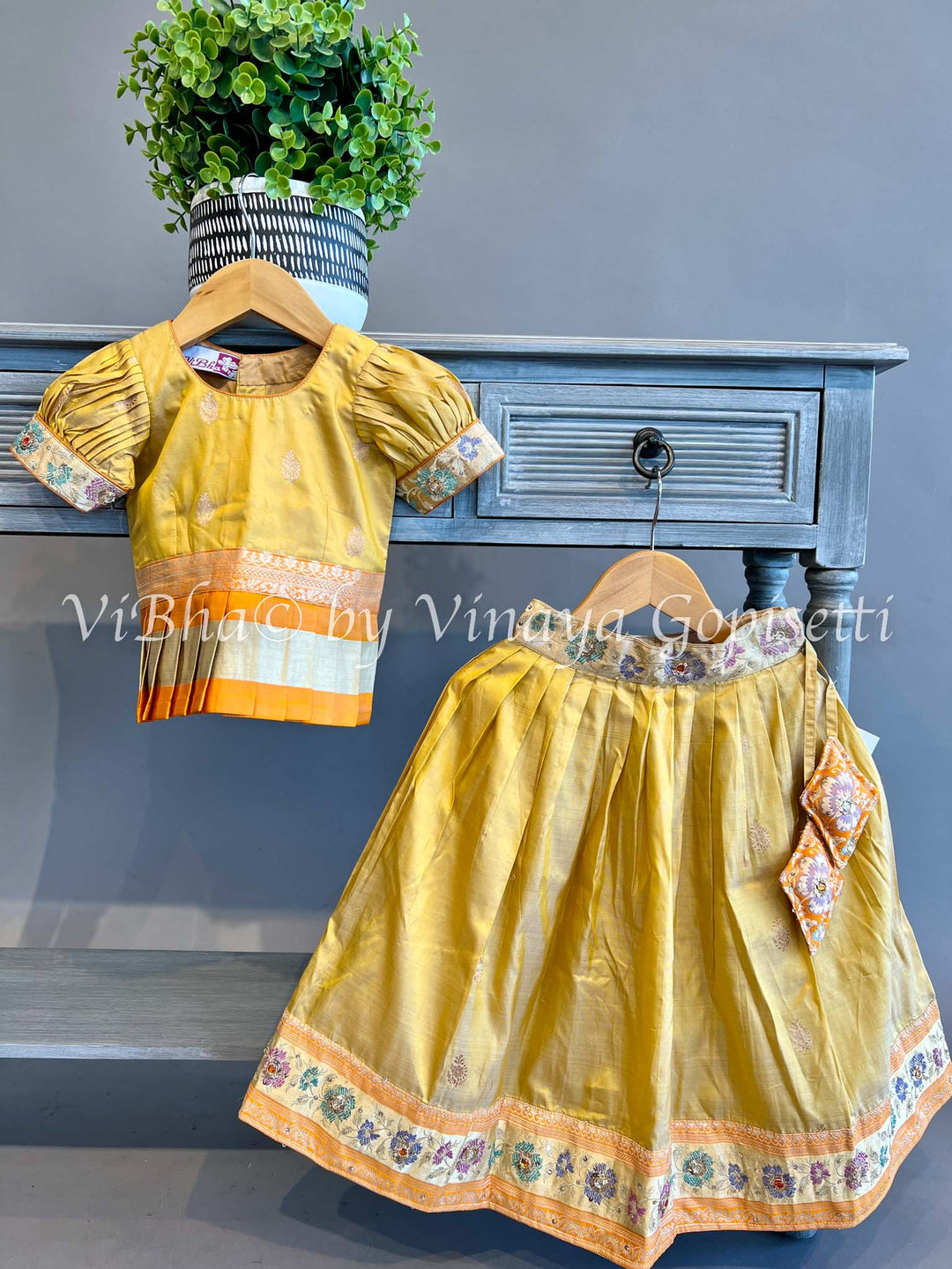 Yellow Gold Puff sleeve Kanchi Silk Skirt and Top