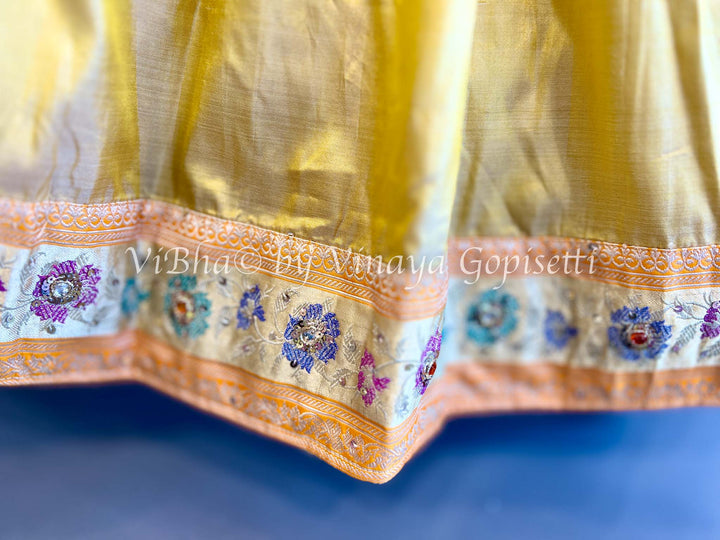 Yellow Gold Puff sleeve Kanchi Silk Skirt and Top