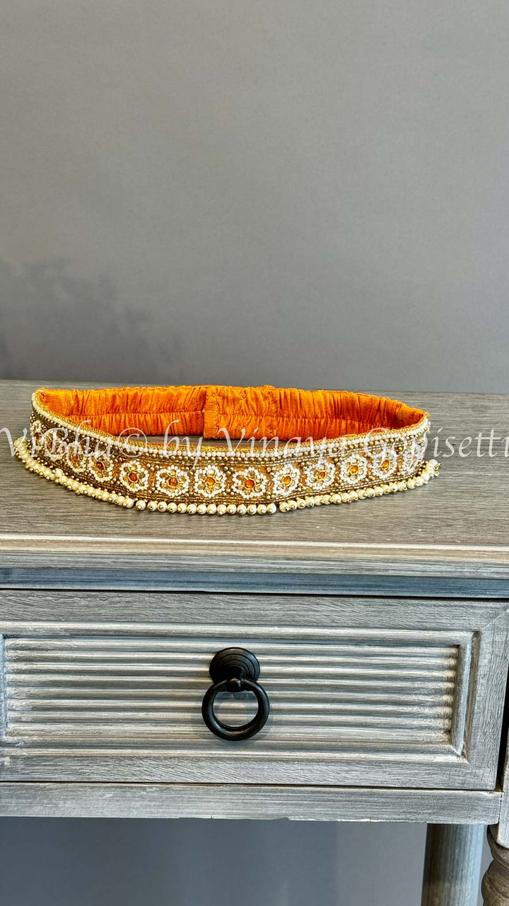 Gold tissue Embroidered Kanchi Silk Skirt Top with Waist Belt