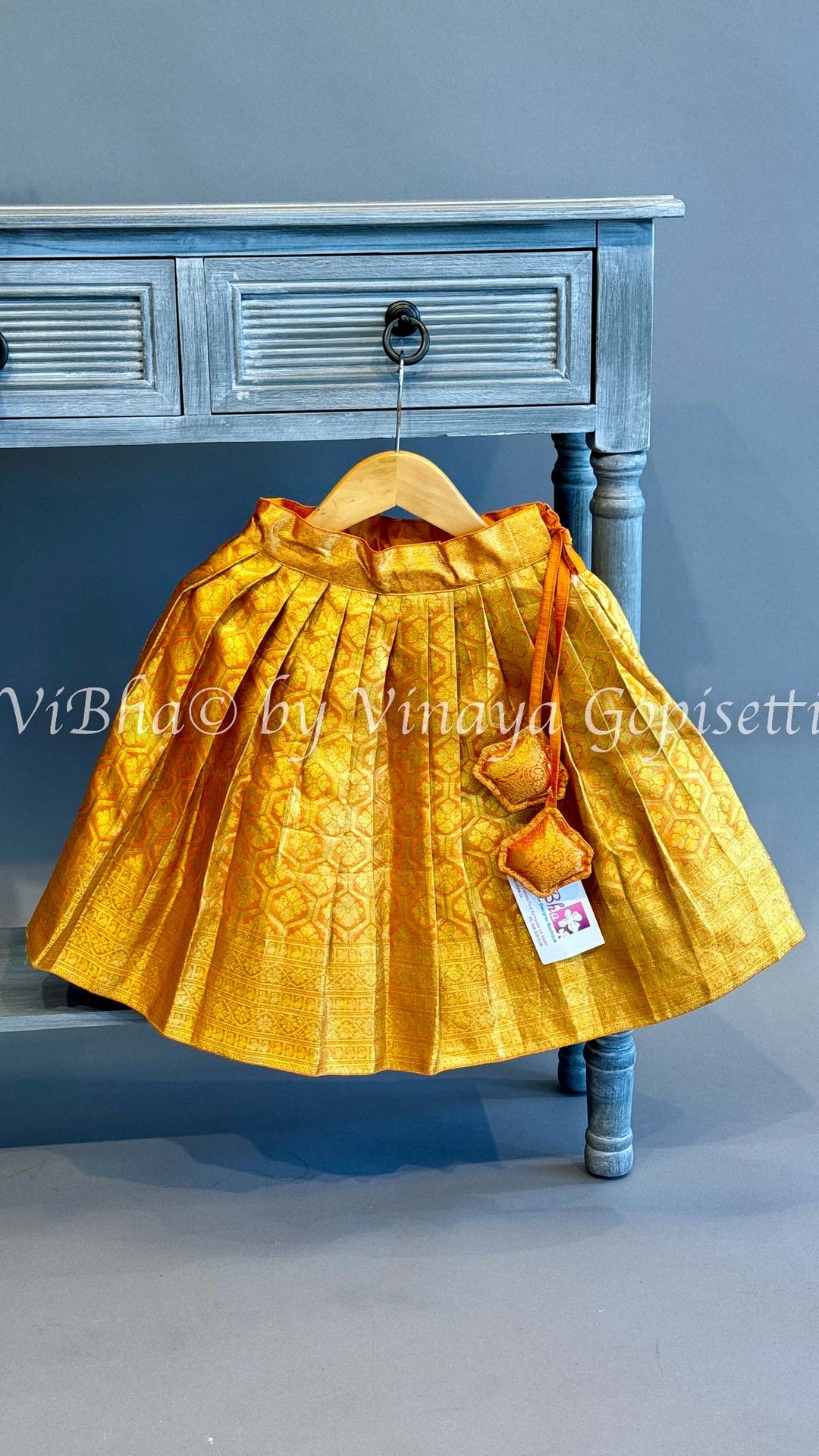 Gold tissue Embroidered Kanchi Silk Skirt Top with Waist Belt