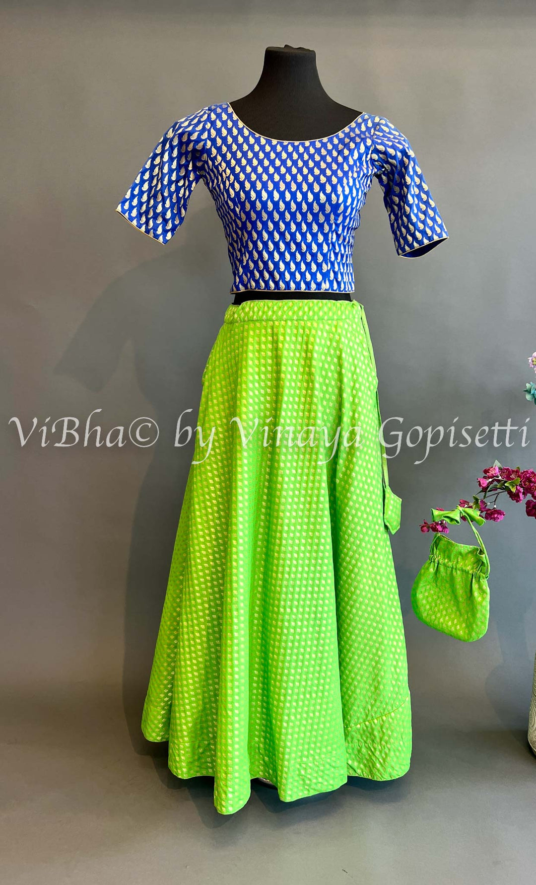 Green and Blue Benares Silk Skirt