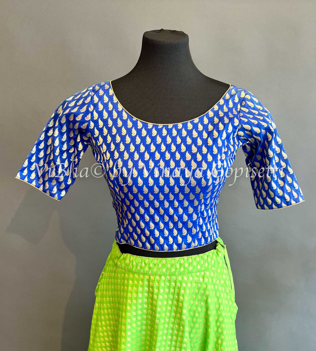 Green and Blue Benares Silk Skirt and Crop Top with Potli