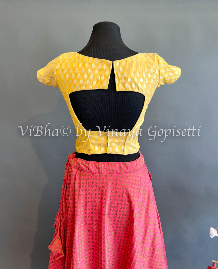Peach and Yellow Benares Silk Skirt and Crop Top with Potli