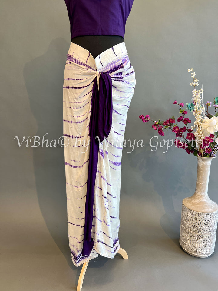 Purple And White Cowl Skirt with Detachable Cape and Frilled Stole