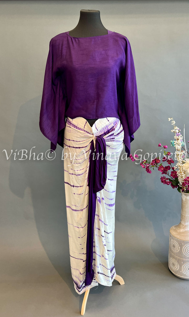 Purple And White Cowl Skirt with Detachable Cape and Frilled Stole
