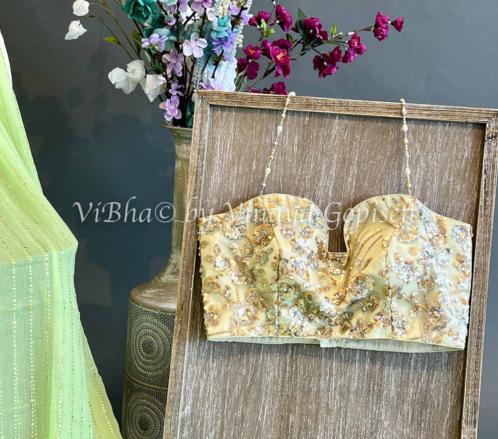 Green Sequence Chiffon Saree with Embroidered Halter Neck Blouse