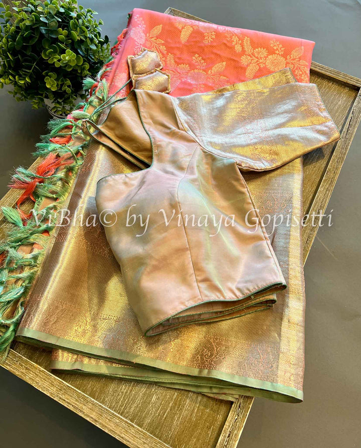Pastel Peach And Ice Grey Kanchi Silk Saree With Blouse