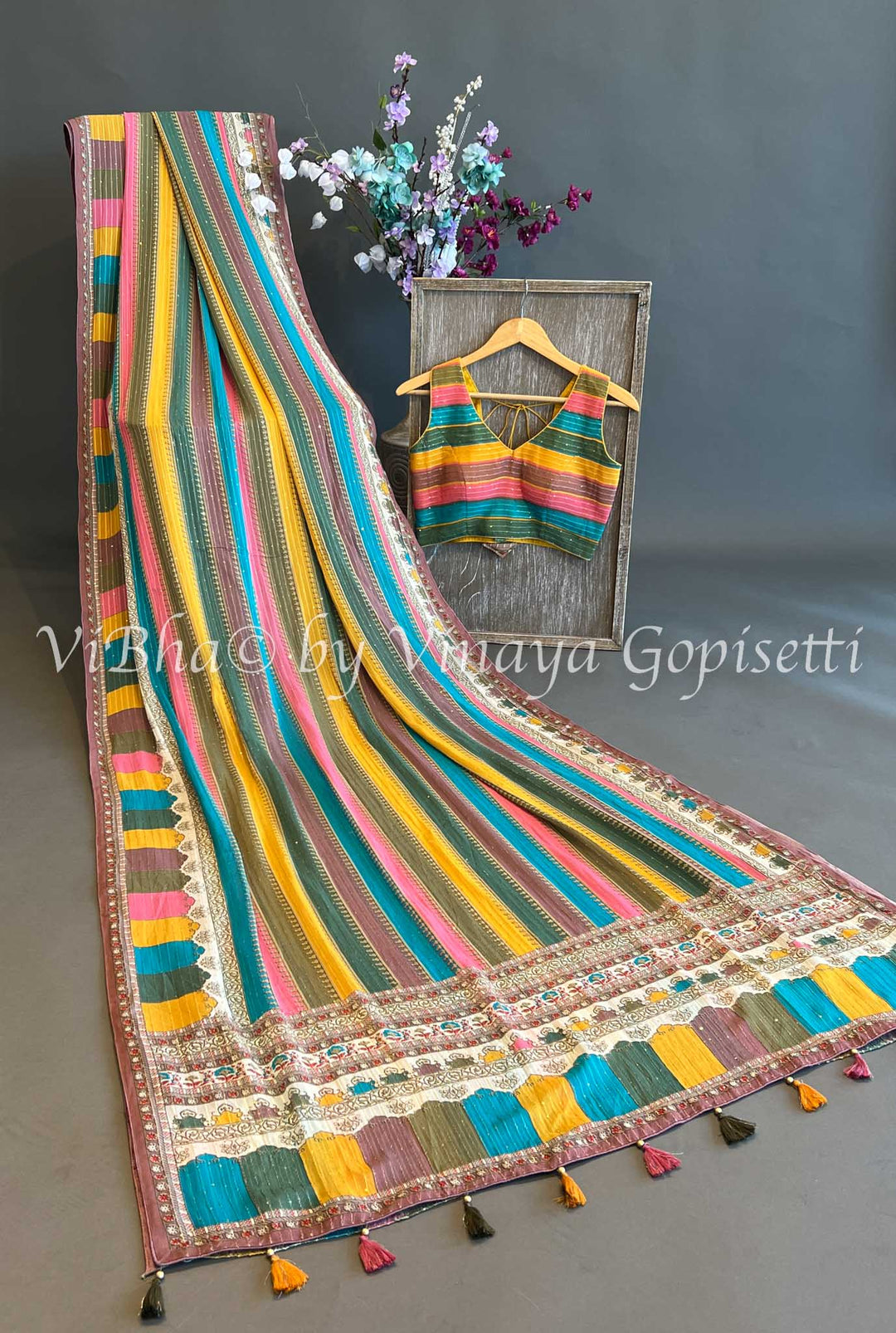 Multicolor Georgette Sequence Embroidered Saree and Blouse